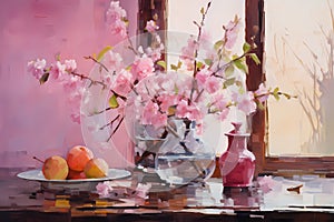 Still life in pink tones. Flowers, fruit, vase, ware, plate. Oil painting in impressionism style. Horizontal composition
