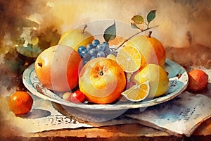 Still life, a plate of fruit on a table, a painting painted in watercolor on textured paper. Digital watercolor painting