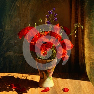 Still life with poppies and violet flowers