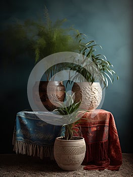 Still life with potted plants on a dark background. 3d rendering