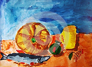 Still life with pumkin and fish painted by child