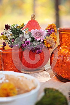 Still life with pumkins and lilac flowers