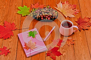 Still life with pumpkin - Pattinson.A notebook with a fountain pen, a glass of tea. Glasses