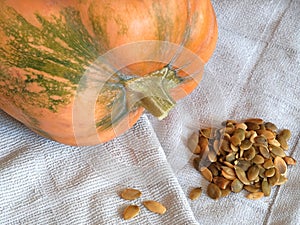 Still life with pumpkin and pumpkin seeds