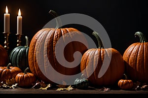 still life pumpkins and candles on a black background, thanksgivings and halloween background.