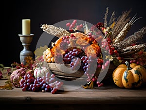 Still life of pumpkins, grapes, corn, herbs, squashes on wooden table dark moody background. Harvest concept. Happy Thanksgiving