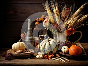 Still life of pumpkins, grapes, corn, herbs, squashes on wooden table dark moody background. Harvest concept. Happy Thanksgiving