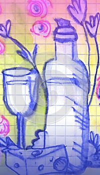 Purple still life wine bottle and cup, illustration