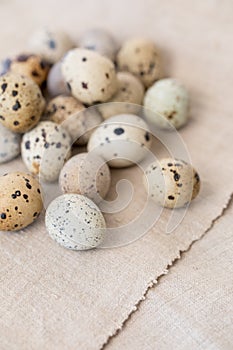 Still life. Quail eggs on a textile napkin. Rustic. Easter celebration concept