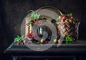 Still life with red and black currants