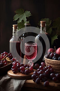 Still life with red grapes and bottles of homemade wine, Generated by Ai