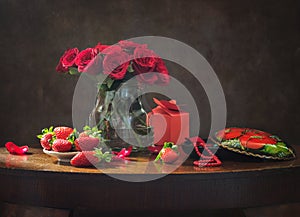 Still life with red roses for Valentine's Day