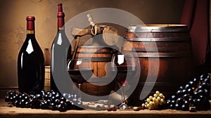 The still life with red wine and barrels