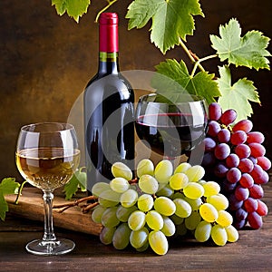 Still life with red wine. bottle of red wine, grapes and leaves on a white background