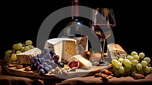 still life with red wine, cheese and grapes