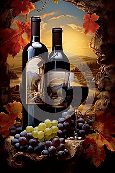 Still life with red wine and grape