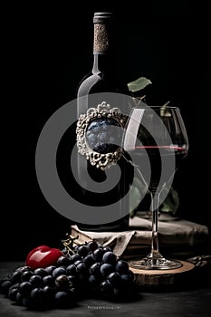 Still life with red wine and grape