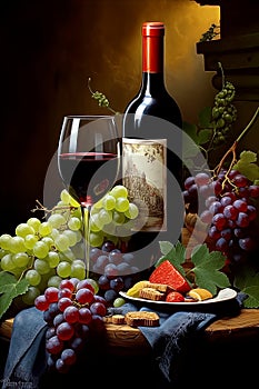 Still life with red wine and grapes