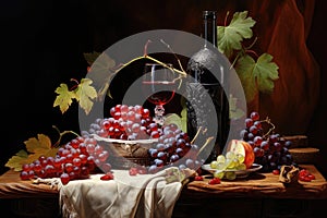 Still life with red wine, grapes and fruits on a dark background, Bottle with red wine and glass and grapes, AI Generated