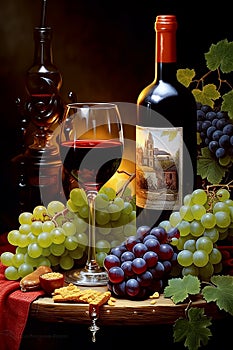 Still life with red wine and grapes. High resolution.