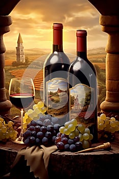 Still life with red wine and grapes. High resolution.