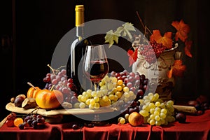 Still life with red wine, grapes and walnuts on wooden table, A charming still life of fruits and a bottle of wine, AI Generated