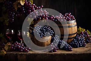 Still life with red wine and grapes on a wooden background