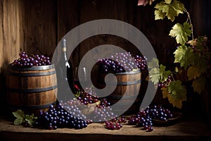 Still life with red wine, grapes and wooden barrel