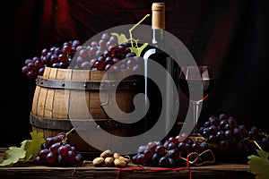 Still life with red wine, grapes and wooden barrel on dark background, Black bottle and glass of red wine with grapes and barrel,