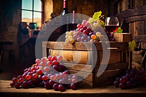 Still life with red wine and grapes in a wooden box on a rustic background