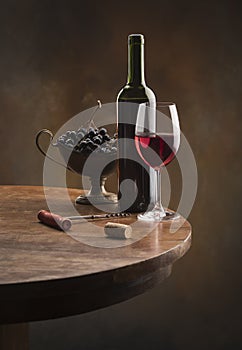 Still life with red wine and wood barrel