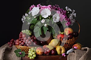 Still life in retro style with summer flowers and fruits on a dark gray background