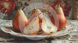 Still life with ripe pears on a decorative plate