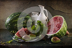 Still life with ripe and red watermelon