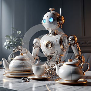 A still life of a robot tea set, on a marble countertop. Generative Ai