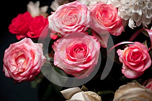 Still life of rose bouquet flower. Beautiful fresh pink roses. Rose Posy Wedding Bouquet. heap of pink and white fresh roses.