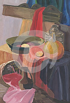 Still life in Russian style, hut with objects of everyday life