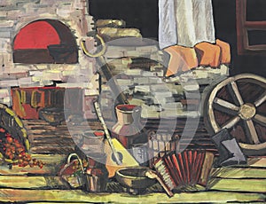 Still life in Russian style, hut with objects of everyday life, balalaika