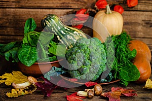 Still life in a rustic rural style. Fresh vegetables and herbs on wooden background. Autumn harvest