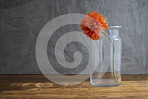 Still life in a rustic style with glass vase and red poppies