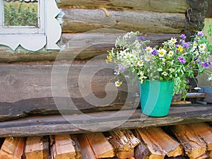 Still life in a rustic style. Old wooden hut, a log house, a large bouquet of wild flowers in an old bucket. Granny`s cozy home.