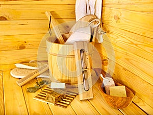 Still life with sauna accessories.