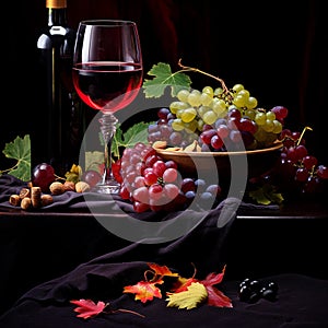 still life scene of a glass of rich red wine surrounded by grapes, nuts, and leaves