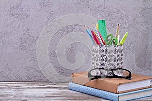 Still life of school items.