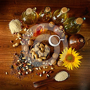 Still life seeds and oils useful for health Flax, sesame, sunfl