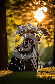 A still life of a set of golf clubs on a green, with the sun setting behind them.