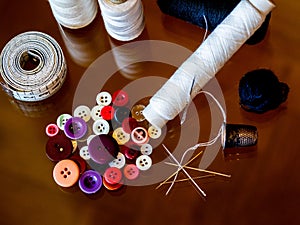 Still life of sewing items