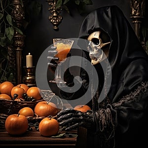 Still Life with Skull, Pumpkins, Eyeballs, Candle, Spider Web and Other Halloween Decorations, Pumpkin