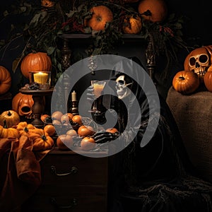 Still Life with Skull, Pumpkins, Eyeballs, Candle, Spider Web and Other Halloween Decorations, Pumpkin