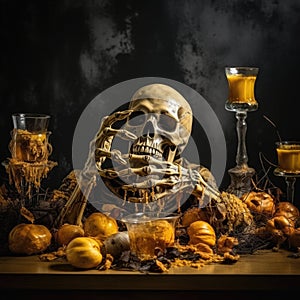 Still Life with Skull, Pumpkins, Eyeballs, Candle, Spider Web and Other Halloween Decorations, Pumpkin